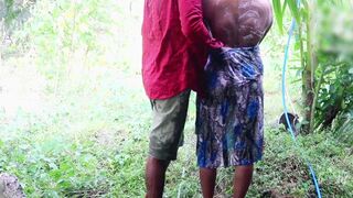 A Big Booty Stepmom bathes naked outside while cheating with their Secretaries on strangers