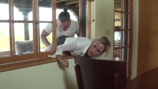 Cute MILF Stucked in Window and Fucked by 2 Men