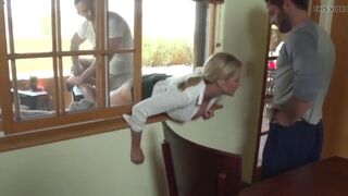 Cute MILF Stucked in Window and Fucked by 2 Men