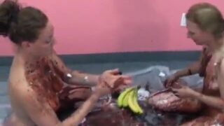 Lusty housewives get bored and play with ice cream toppings on big tits