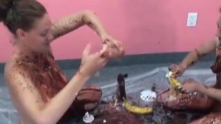 Lusty housewives get bored and play with ice cream toppings on big tits
