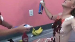 Lusty housewives get bored and play with ice cream toppings on big tits