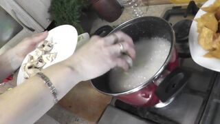 Sexy mommy MILF Frina continues her nude cooking. Without panties and bra high heels in kitchen Milf prepares delicious vegetarian appetizer of pita bread and champignons with sauce. Pussy Ass Big natural tits MILF