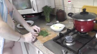 Sexy mommy MILF Frina continues her nude cooking. Without panties and bra high heels in kitchen Milf prepares delicious vegetarian appetizer of pita bread and champignons with sauce. Pussy Ass Big natural tits MILF