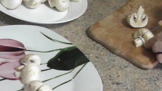 Sexy mommy MILF Frina continues her nude cooking. Without panties and bra high heels in kitchen Milf prepares delicious vegetarian appetizer of pita bread and champignons with sauce. Pussy Ass Big natural tits MILF