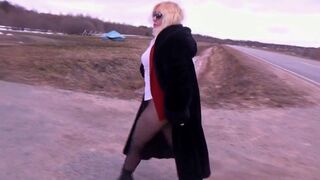 Hot secretary in the car flashing pussy