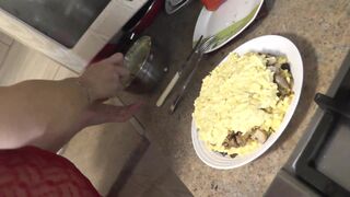 In transparent peignoir without panties and bra, nude mom Milf Frina continues to cook naked in kitchen. Today on menu is salad of chicken breast and champignons. - 14 image