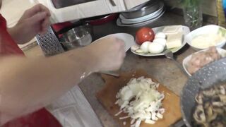 In transparent peignoir without panties and bra, nude mom Milf Frina continues to cook naked in kitchen. Today on menu is salad of chicken breast and champignons. - 7 image