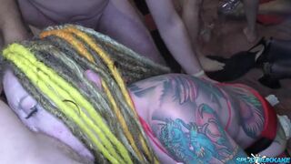 Amating Christmas party bukkake with four lusty sluts