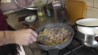 Mommy MILF without panties in stockings high heels continues nude cooking, shows pussy, boobs, nipples, butt and cooks pasta nautically  in kitchen. Ass pussy tits legs mom MILF