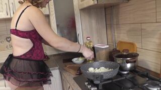 Mommy MILF without panties in stockings high heels continues nude cooking, shows pussy, boobs, nipples, butt and cooks pasta nautically  in kitchen. Ass pussy tits legs mom MILF