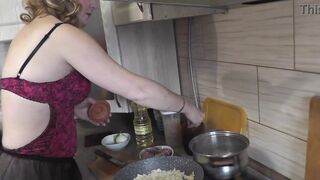 Mommy MILF without panties in stockings high heels continues nude cooking, shows pussy, boobs, nipples, butt and cooks pasta nautically  in kitchen. Ass pussy tits legs mom MILF