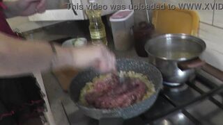 Mommy MILF without panties in stockings high heels continues nude cooking, shows pussy, boobs, nipples, butt and cooks pasta nautically  in kitchen. Ass pussy tits legs mom MILF