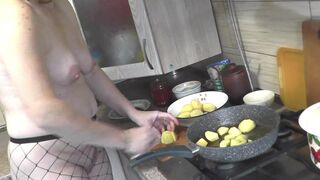 Without panties and bra in high heeled stockings, sexy mom MILF Frina continues nude cooking in her erotic kitchen. Chanakhi is on menu today. In medical uniform. Striptease. Nudist. Naturist. Naked at home. Pussy, ass, big natural tits Milf