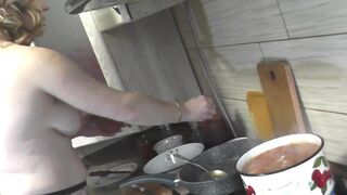 Without panties and bra in high heeled stockings, sexy mom MILF Frina continues nude cooking in her erotic kitchen. Chanakhi is on menu today. In medical uniform. Striptease. Nudist. Naturist. Naked at home. Pussy, ass, big natural tits Milf