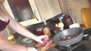 Without panties and bra in high heeled stockings, sexy mom MILF Frina continues nude cooking in her erotic kitchen. Chanakhi is on menu today. In medical uniform. Striptease. Nudist. Naturist. Naked at home. Pussy, ass, big natural tits Milf