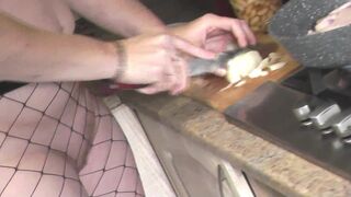 Without panties and bra in high heeled stockings, sexy mom MILF Frina continues nude cooking in her erotic kitchen. Chanakhi is on menu today. In medical uniform. Striptease. Nudist. Naturist. Naked at home. Pussy, ass, big natural tits Milf