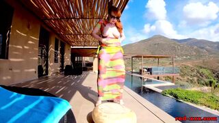 Redhead MILF Red XXX masturbating outside by the pool