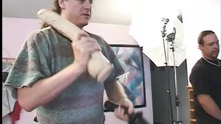 Two huge dicks and giant sex toys fill up all the holes on inexperienced blonde slut