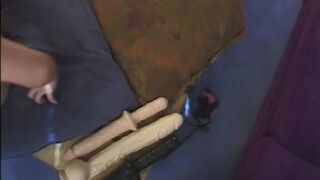 Two huge dicks and giant sex toys fill up all the holes on inexperienced blonde slut