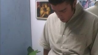 Blonde whore watching herself in the mirror while fucking on the desk