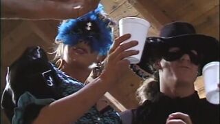 Superb babe and two men are taking off their fancy dresses and takes part in hot threesome action