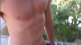 Sexy blonde lays back on her deckchair and gets fucked at both ends