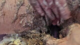 Cake sitting and getting very messy cake & dildo fun