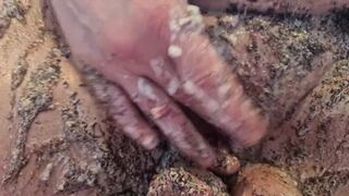 Cake sitting and getting very messy cake & dildo fun