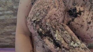 Cake sitting and getting very messy cake & dildo fun