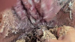 Cake sitting and getting very messy cake & dildo fun