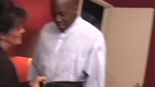 Mature slut in stockings rides black stud cowgirl style