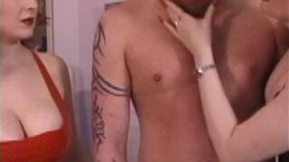 Whores with massive tits and cleavage wearing latex bind and gag a guy in hot fetish sex scene