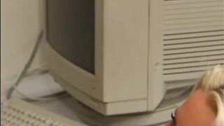 Blonde cheerleader in blue gets fucked at the office