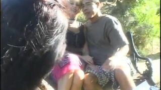 Horny ho on the lawn sucking dick and having her cunt boned