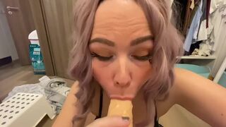 Busty Bitch plays with milk and Sloppy Blowjob Dildo Cock
