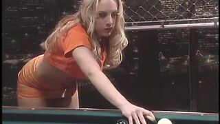 Busty blonde gets her asshole fingered and pool stick shoved
