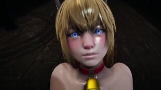 blonde Cow-Girl with huge breasts massages his penis