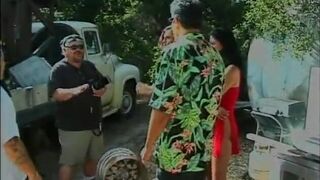 Hot threesome outdoor with two brunettes