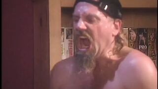 Brunette whore on her knees and gives guys hard cock a blowj