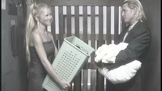 Blonde gets pussy eaten in laundry room
