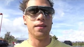 Hottie with huge bazookas sucks hunk's balls and cock