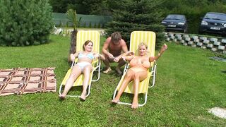 Bi Friends in pool share big boobed lesbians