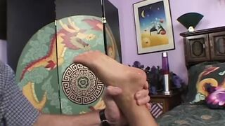 Cocksucker squirts then licks creampie on her toes