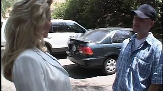 Blond MILF neatly shaved cunt is fucked on a lawn chair