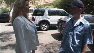 Blond MILF neatly shaved cunt is fucked on a lawn chair