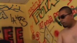 Latina takes two cocks at the same time one in the mouth