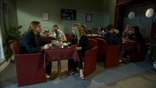 Blond slut is naked and riding a cock in restaurant