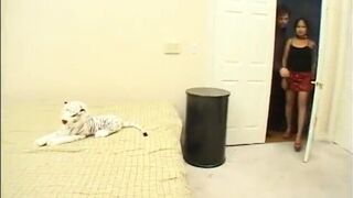 Hot cutie moans as she gets fucked hard by two midgets