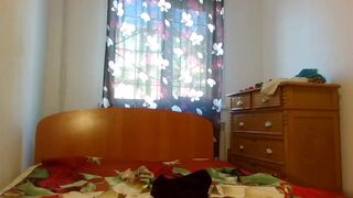 Tease in red panties, bushy all over